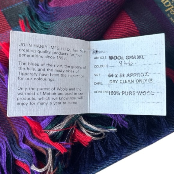 John Hanly & Co. LTD Pure Wool Made in Ireland Plaid Fringe Shawl | 54 X 54 - Picture 10 of 10